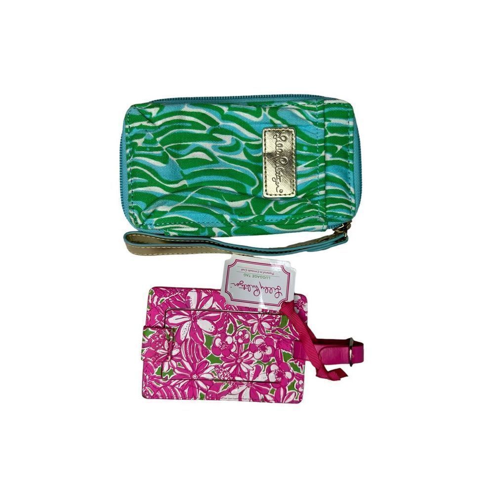 Lilly Pulitzer Green Pink ID Case Carded Purse Wristlet Wallet And Luggage Tag